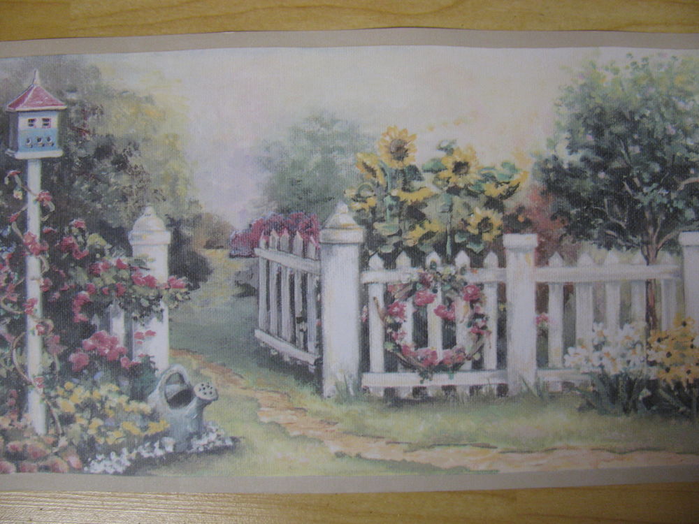 English Victorian Garden Floral Wallpaper Border Picket Fence Roll
