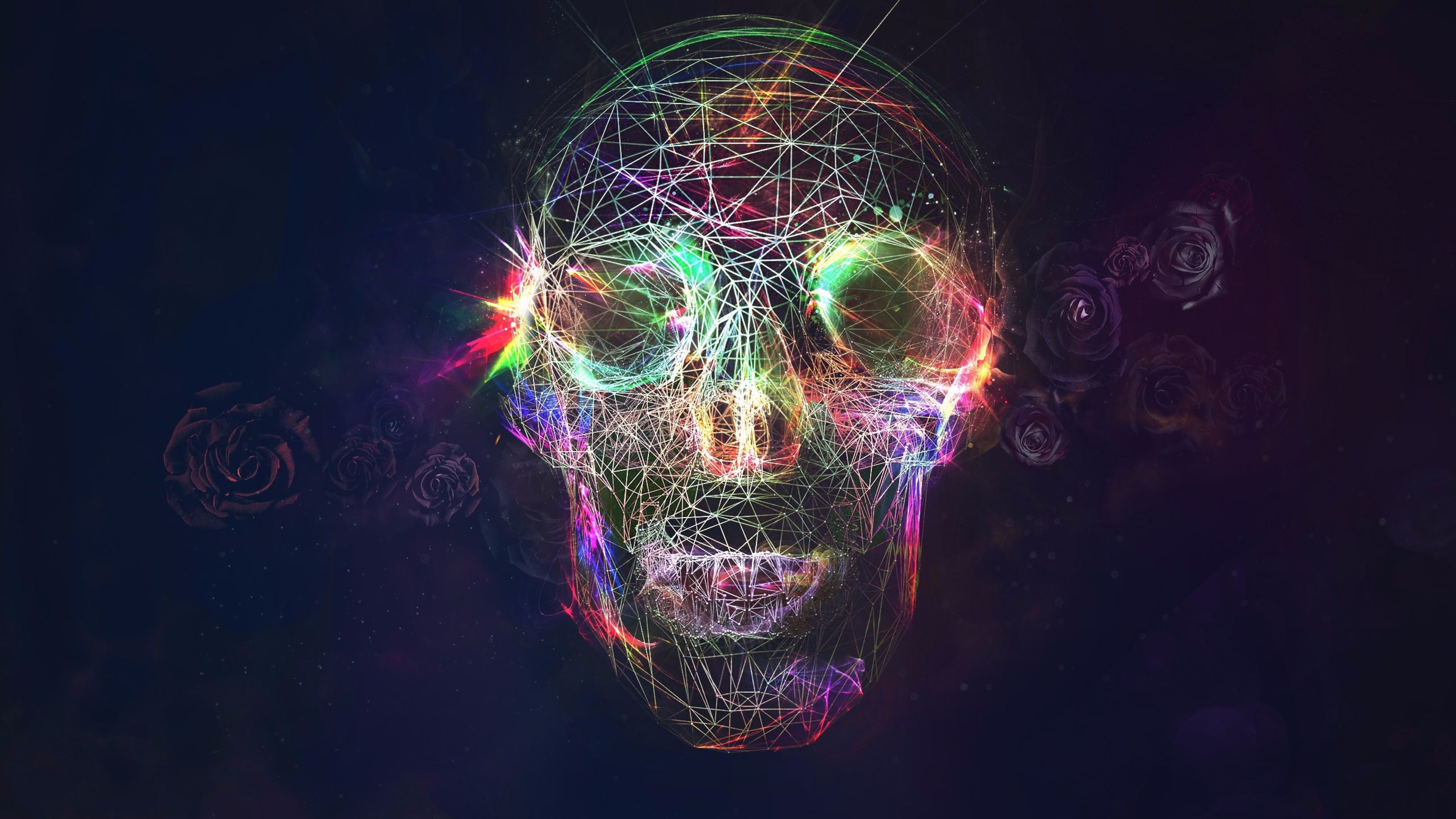 A vibrant, abstract 4k wallpaper featuring a skull composed of colorful interconnected lines against a dark background, with subtle rose silhouettes