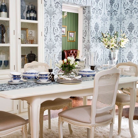 Dining Room With Blue Patterned Wallpaper Country
