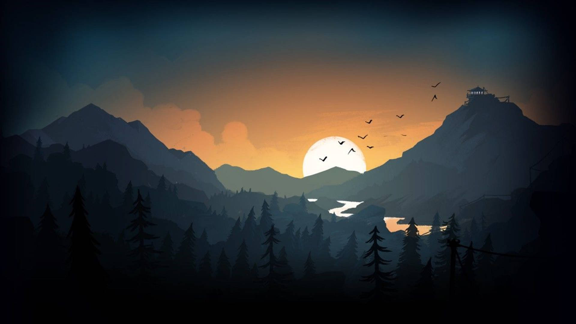 Minimalist 4k wallpaper of a serene mountain landscape at sunset with a river flowing through a forest