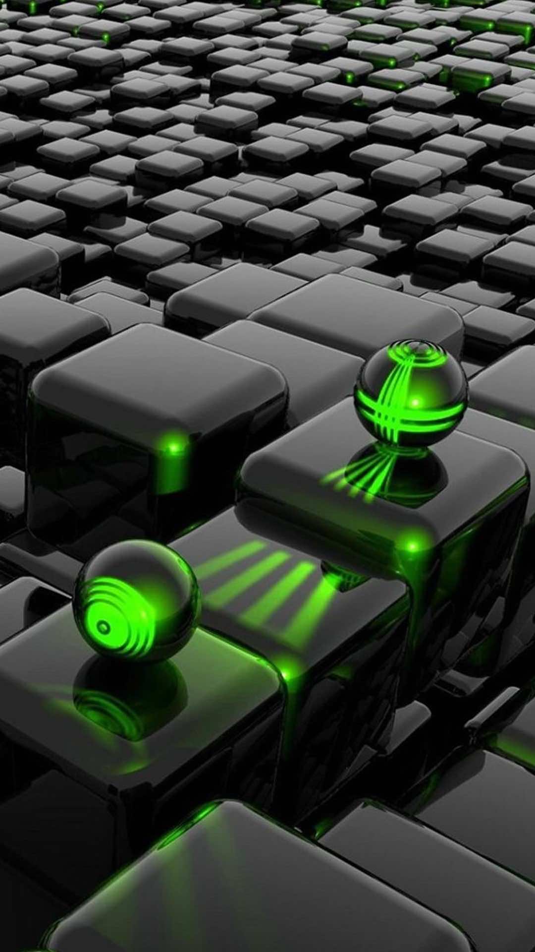 3D rendered wallpaper with black cubes and glowing green spheres, perfect for a cool phone background