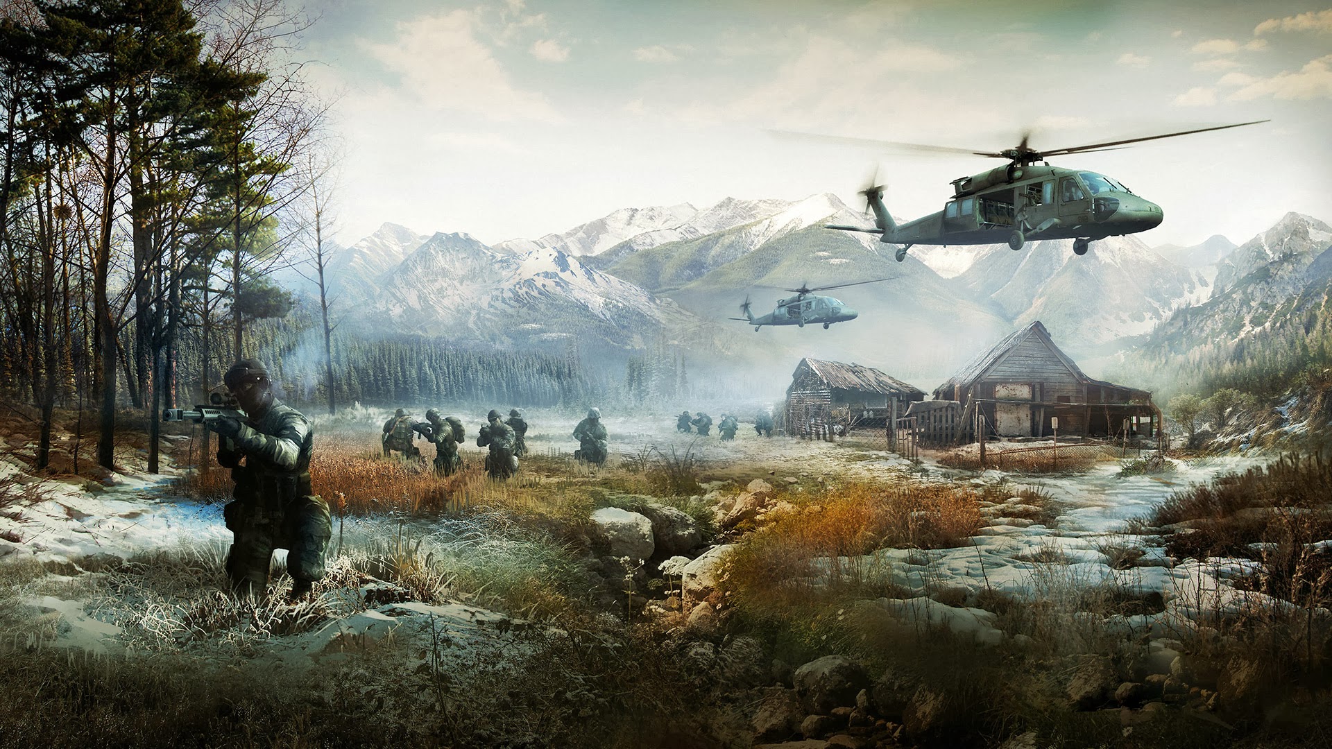 battlefield game hd wallpaper helicopter soldier scenery mountains