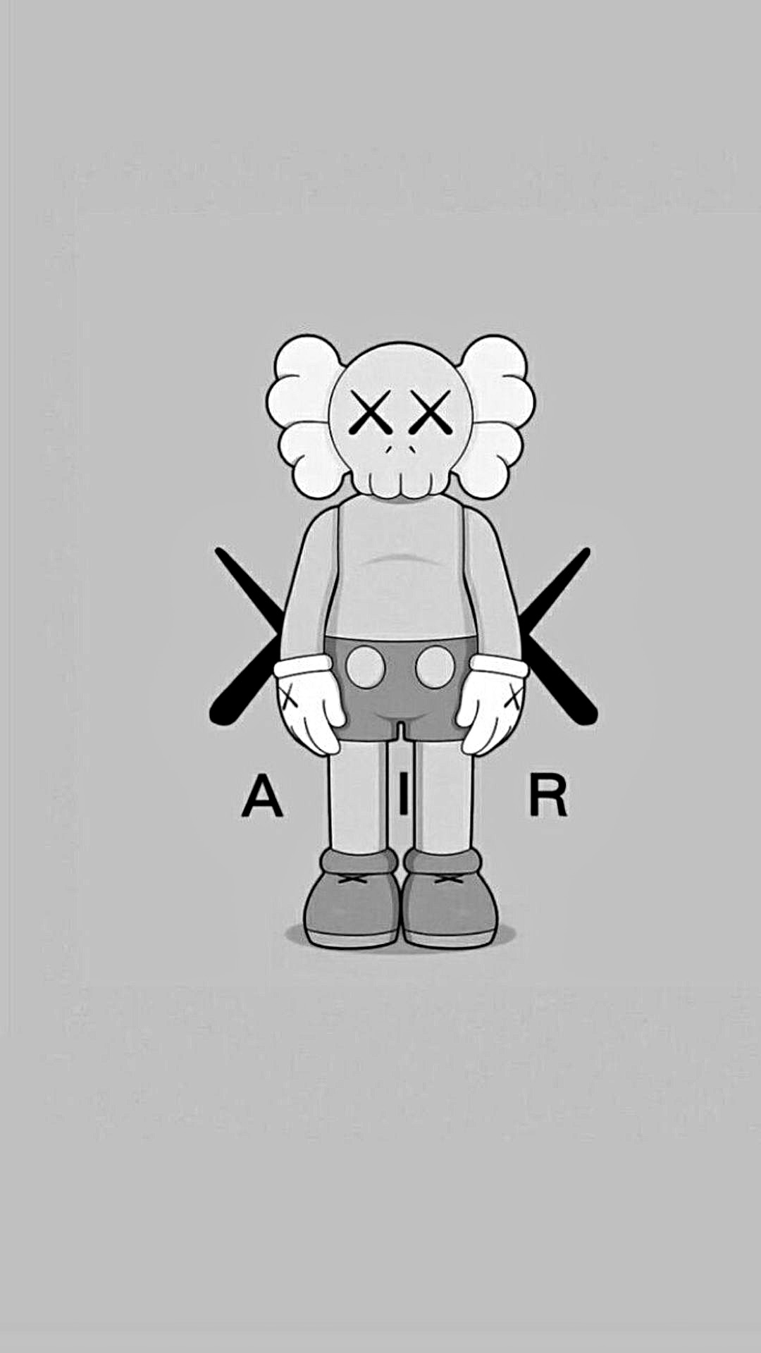 A grayscale illustration of a Kaws Companion figure against a plain background. The figure has its signature X's on its eyes and hands, wears shorts with two circles, and stands with its arms at its sides