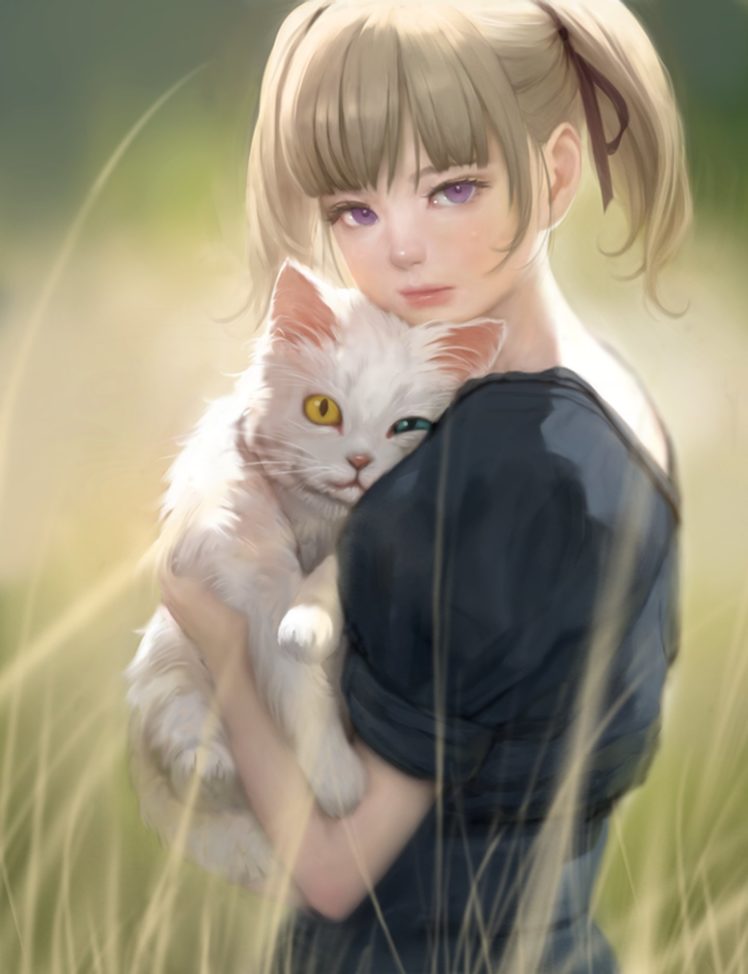 Anime Girl Cat Cute Eyes Color Wallpaper HD Desktop And