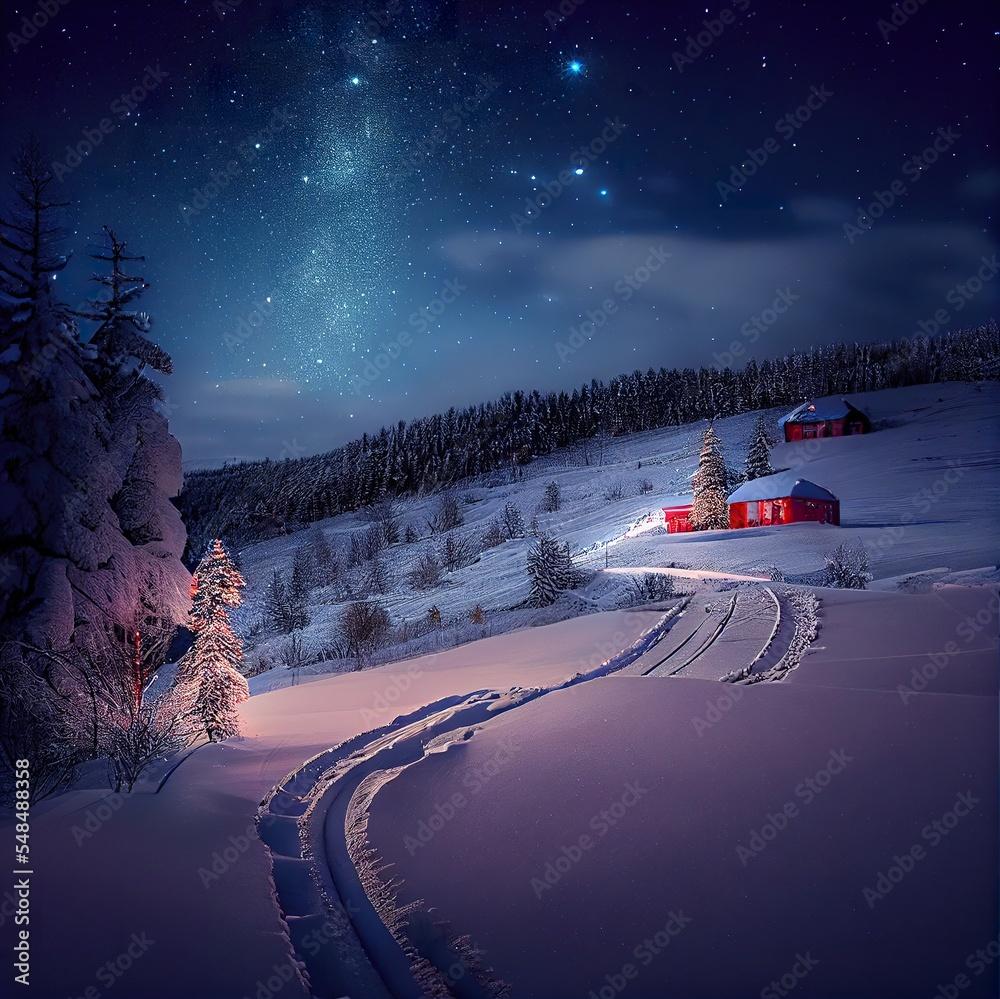 Starry Sky And Winter Nights Outside The City In Mountains