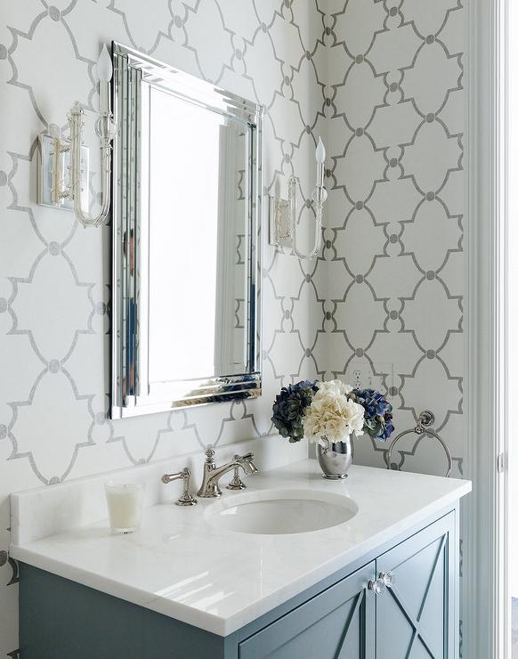 Gray Bathroom With Quatrefoil Wallpaper