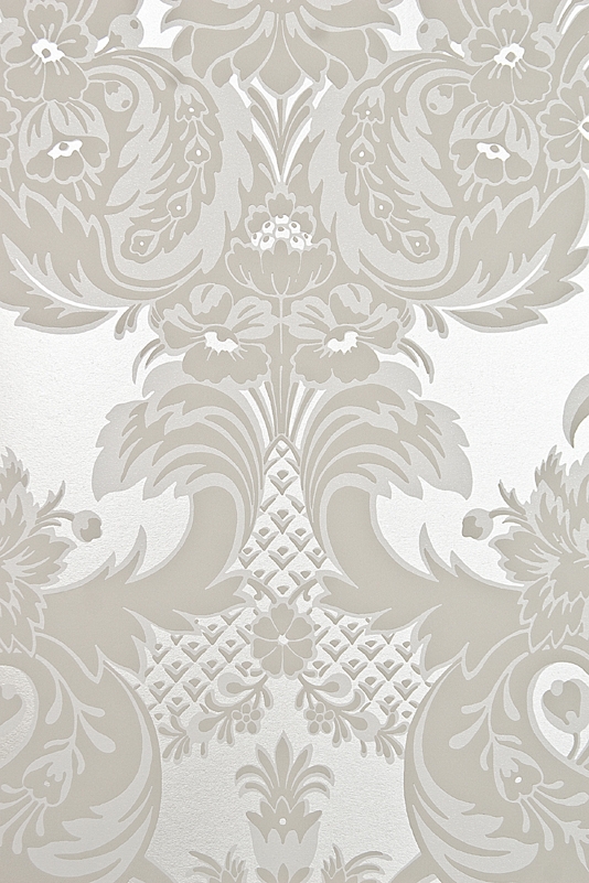 Large Print Silver Damask Wallpaper With Ornate White And Taupe Motif