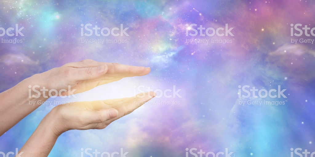 Female Healer Sending Cosmic Healing Energy Background Stock Photo