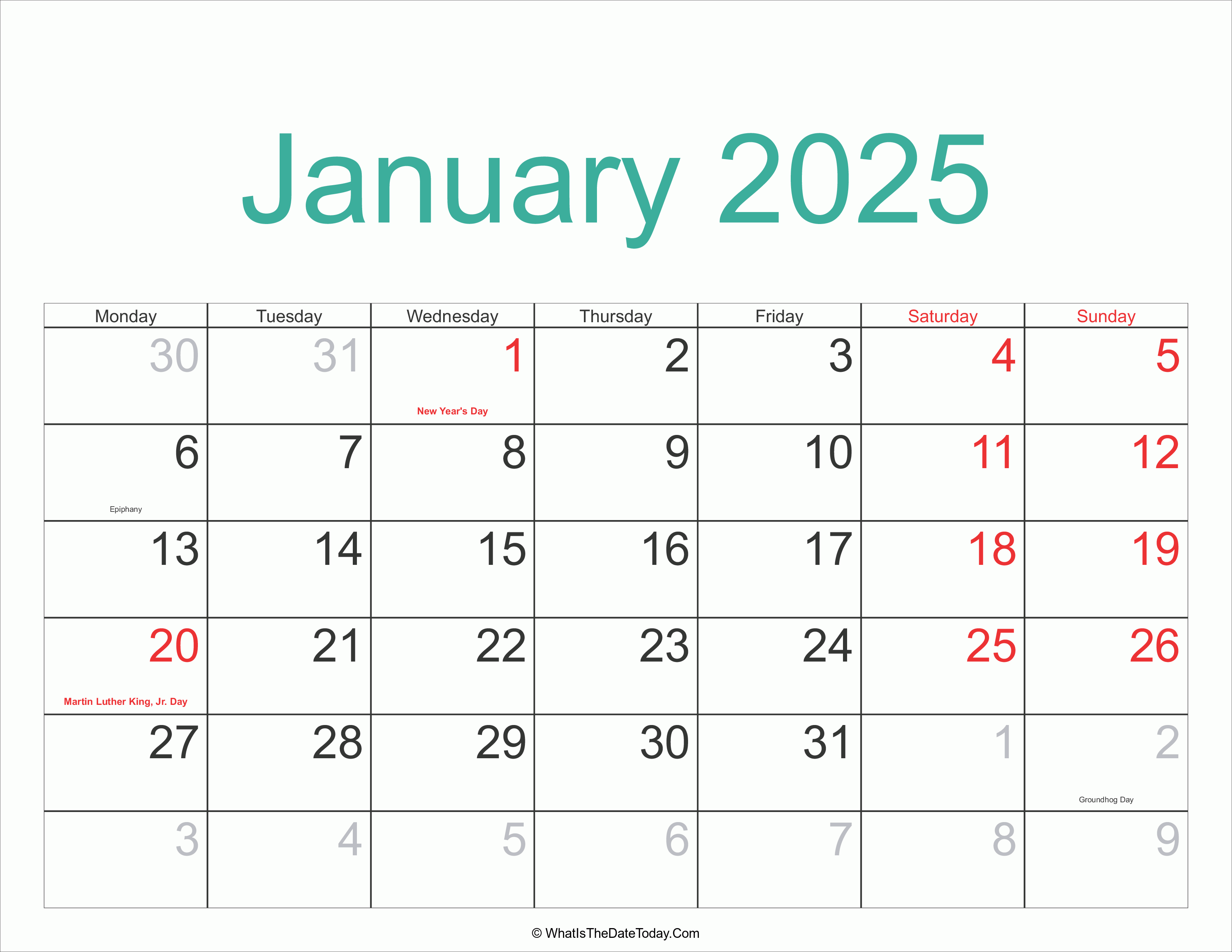 January 2025 calendar with holidays and observances