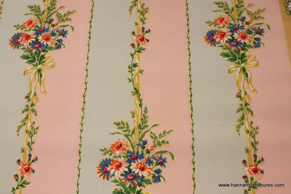 S Vintage Wallpaper Pink And Pale Blue Stipe With Bright Floral