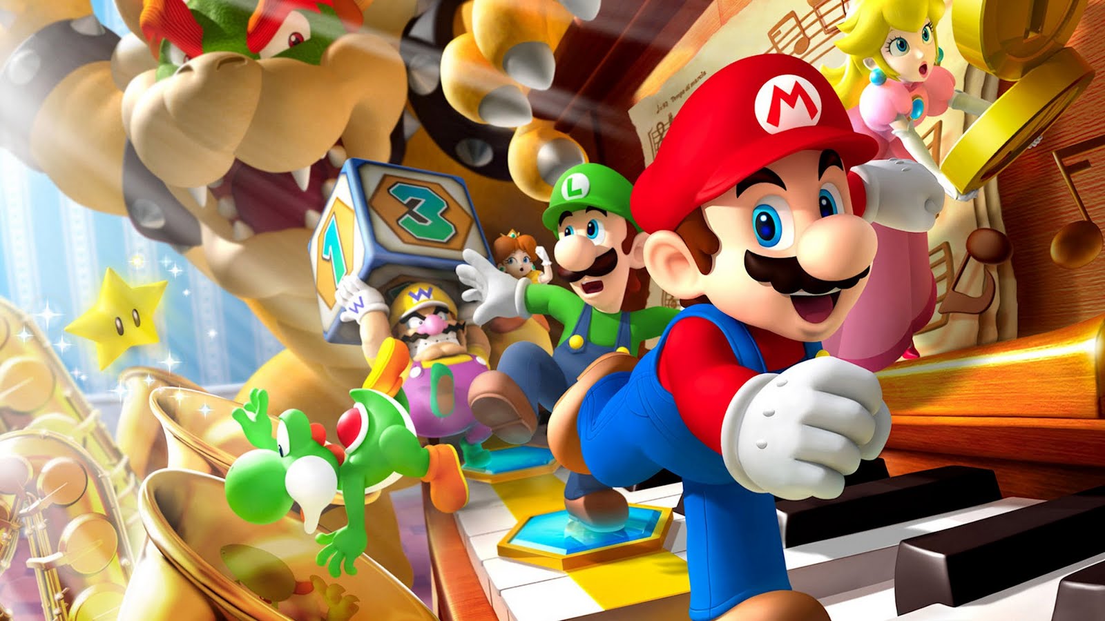 Super Mario background with Mario Luigi and all other characters