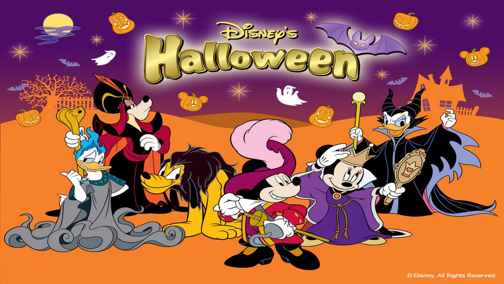 Disney characters dressed up in Halloween costumes against an orange background