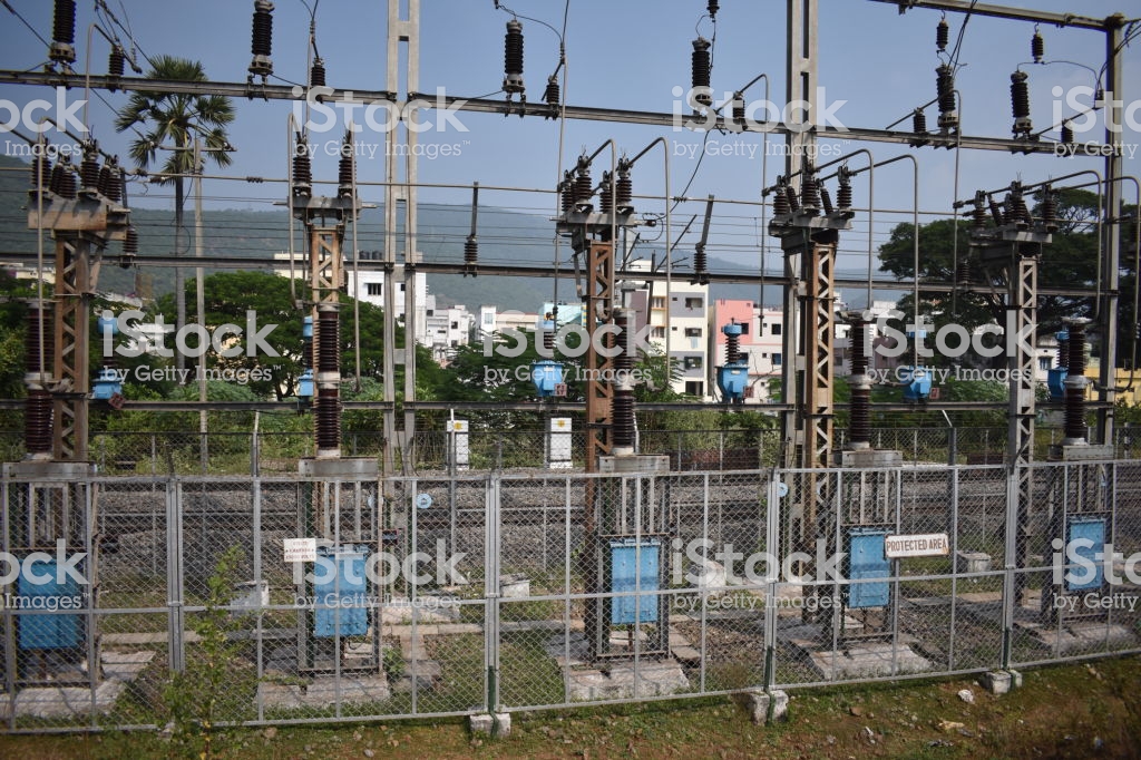 A Transformer Yard Close With Background City Building Stock