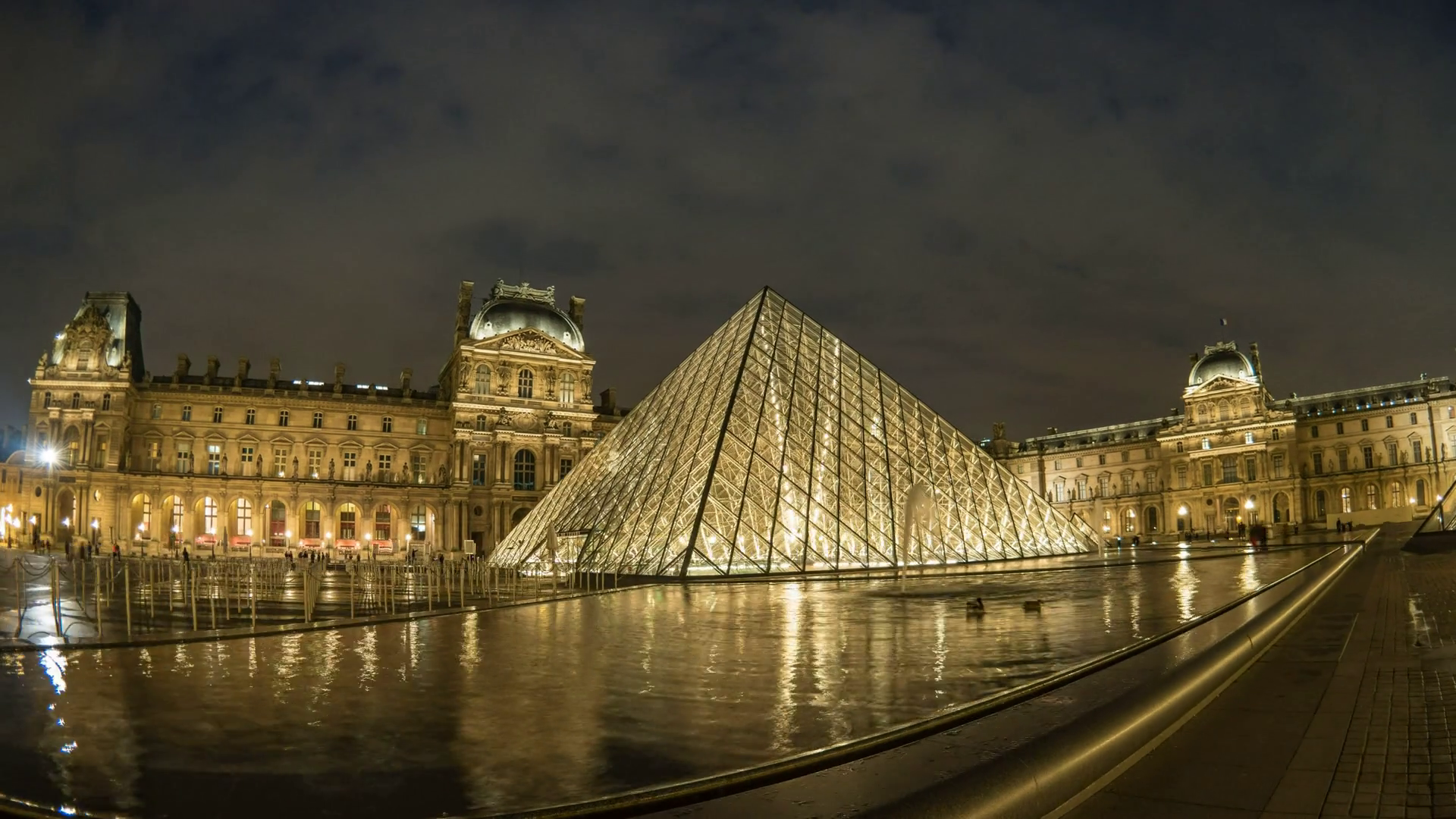 France Paris Louvre Museum Architecture Pyramid Night Water Lights