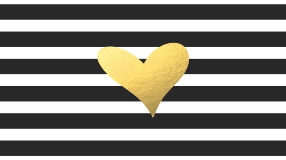 Black White Stripe with Gold Foil Heart Computer Desktop Wallpaper