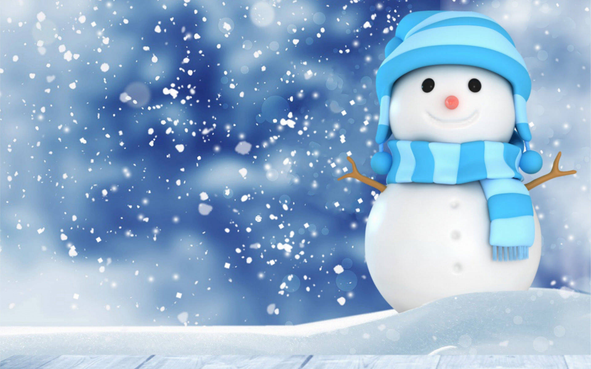 A cheerful 3D snowman stands against a snowy blue backdrop, wearing a striped blue hat and scarf. Perfect for winter and holiday themes