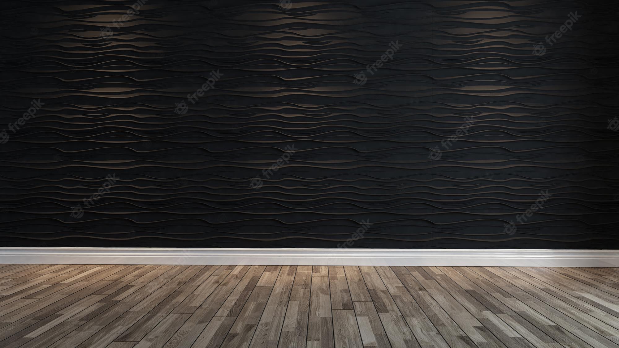 Premium Photo Empty Black Wave Wall With Spot Light And Parquet
