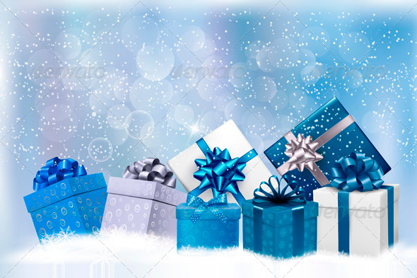 Christmas Blue Background With Gift Boxes And Snow Seasons