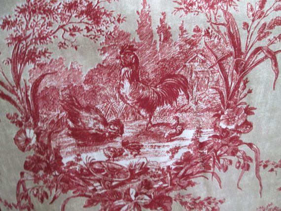 French Toile Linen Blend Waverly Drapery Fabric Khaki Red