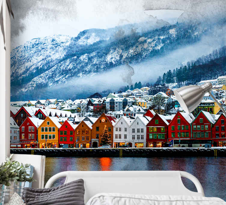 Bergen City River Winter Snow Mural Wallpaper Tenstickers