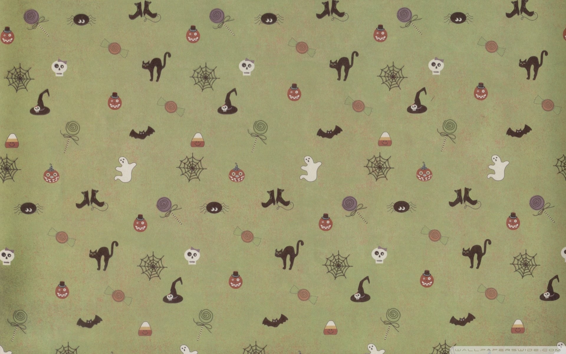 Kawaii Halloween pattern with cute ghosts, black cats, pumpkins, skulls, witch hats, spiders, candy corn, lollipops, and spiderwebs on a pastel green background
