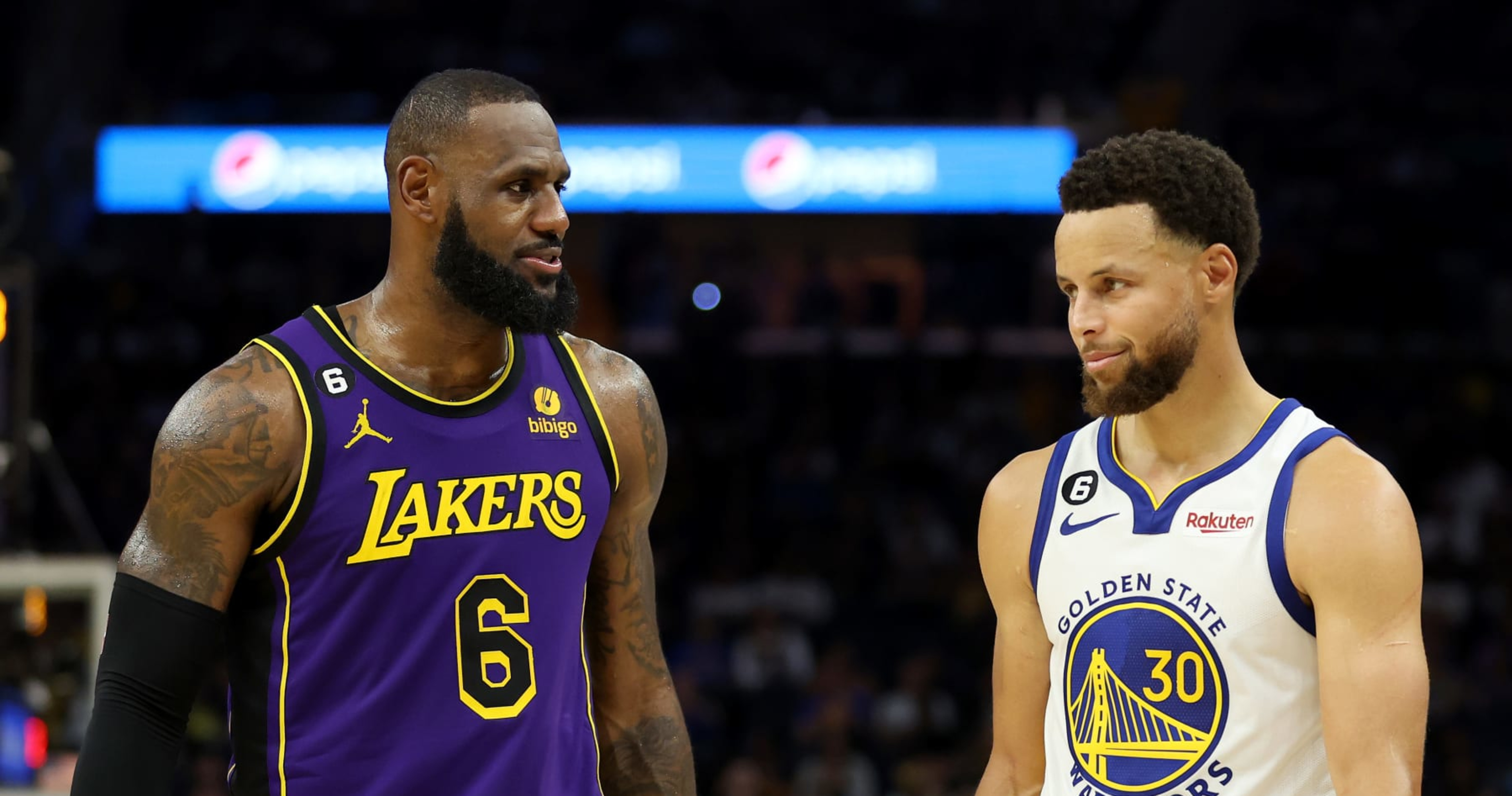 LeBron James and Stephen Curry face off during an NBA game
