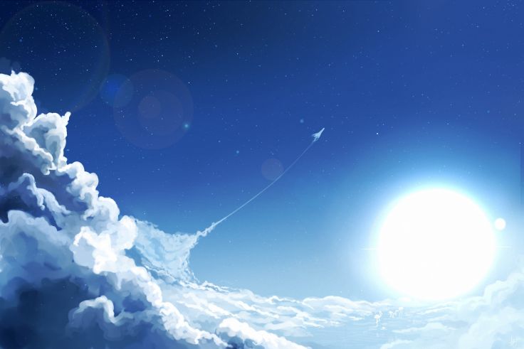 Art Sky Sun Clouds Airplane Aircraft Stars Moon Wallpaper Background