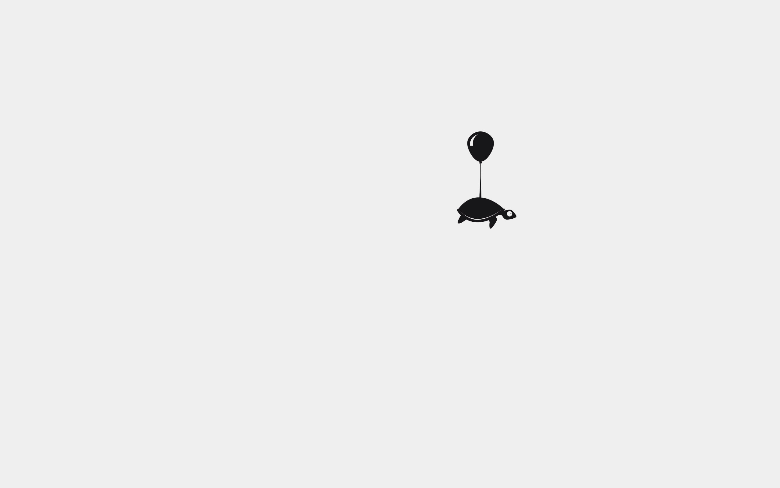 A minimalist wallpaper featuring a black silhouette of a turtle floating with a balloon on a plain off-white background