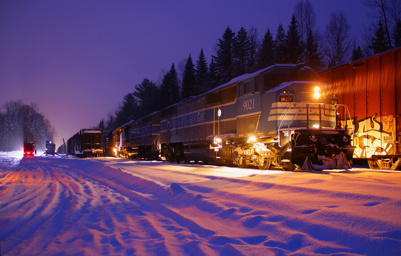Wallpaper Winter Forest Snow Trees Night Lights Train