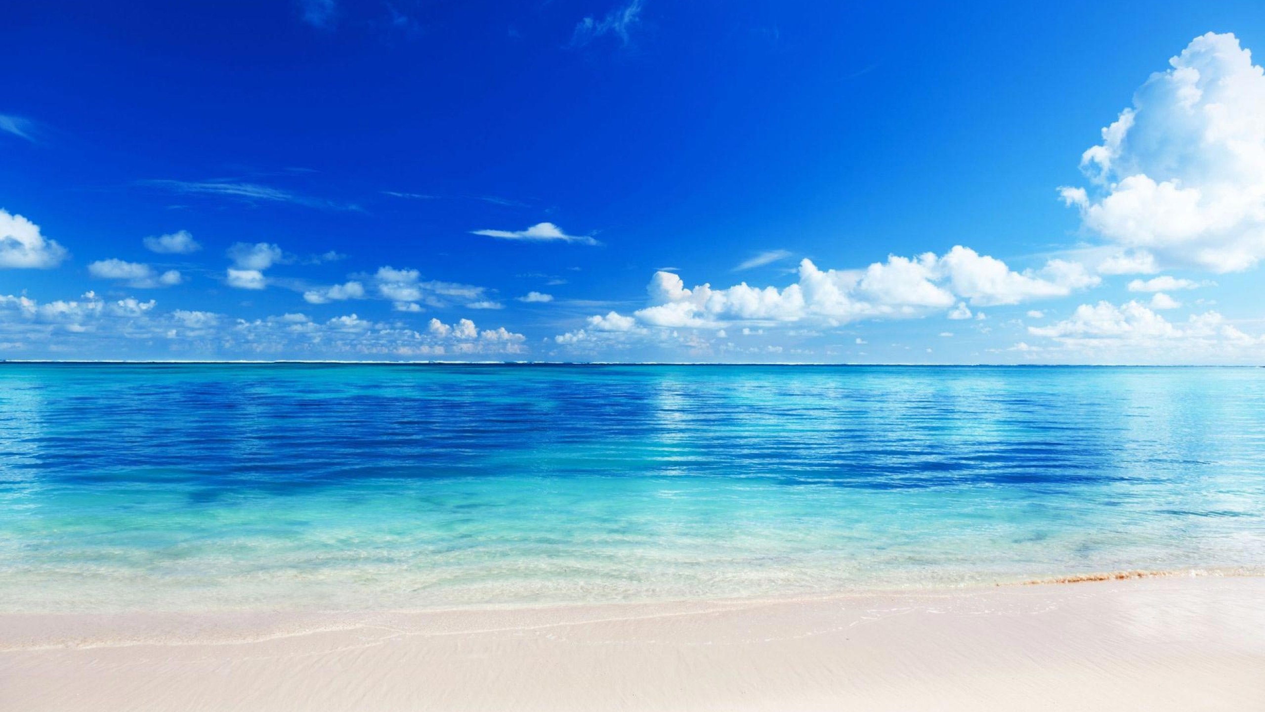 A breathtaking tropical beach with crystal-clear turquoise water under a vibrant blue sky dotted with fluffy white clouds