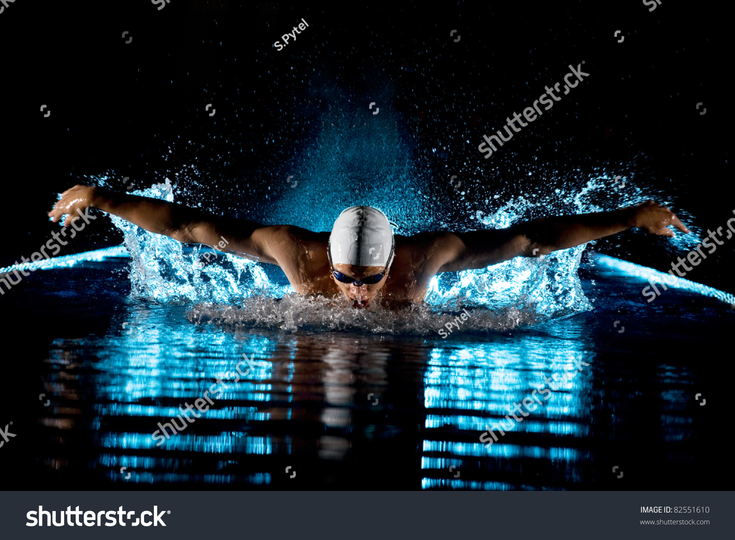 Taking Breath Swimming Butterfly Isolated Black Background
