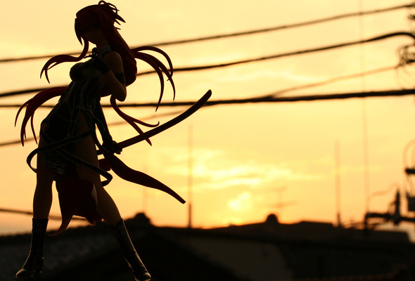 Wallpaper Silhouette Girl Sword Katana Sunset Desktop