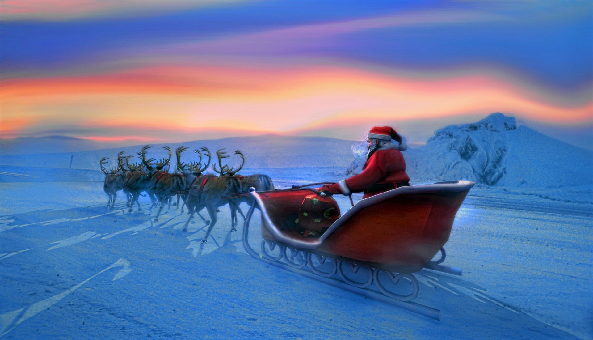 Santa Claus flying his sleigh with reindeer over a snowy landscape at sunset