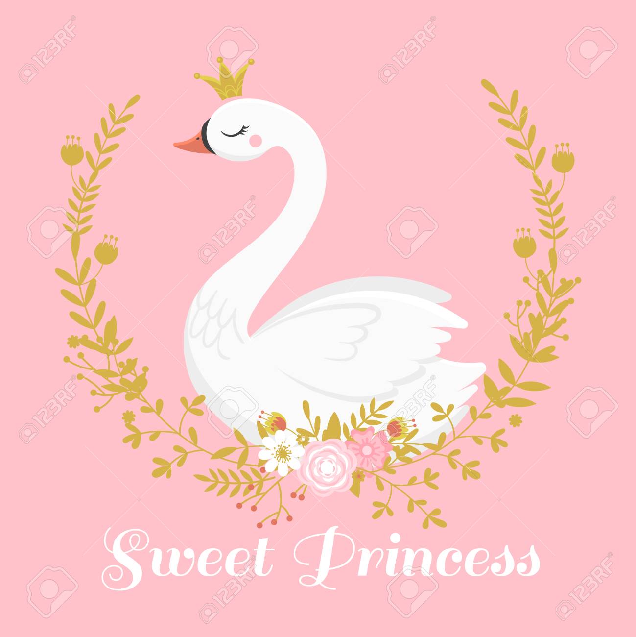 Cute Swan Princess Beautiful Lake Swans Bird In Golden Crown