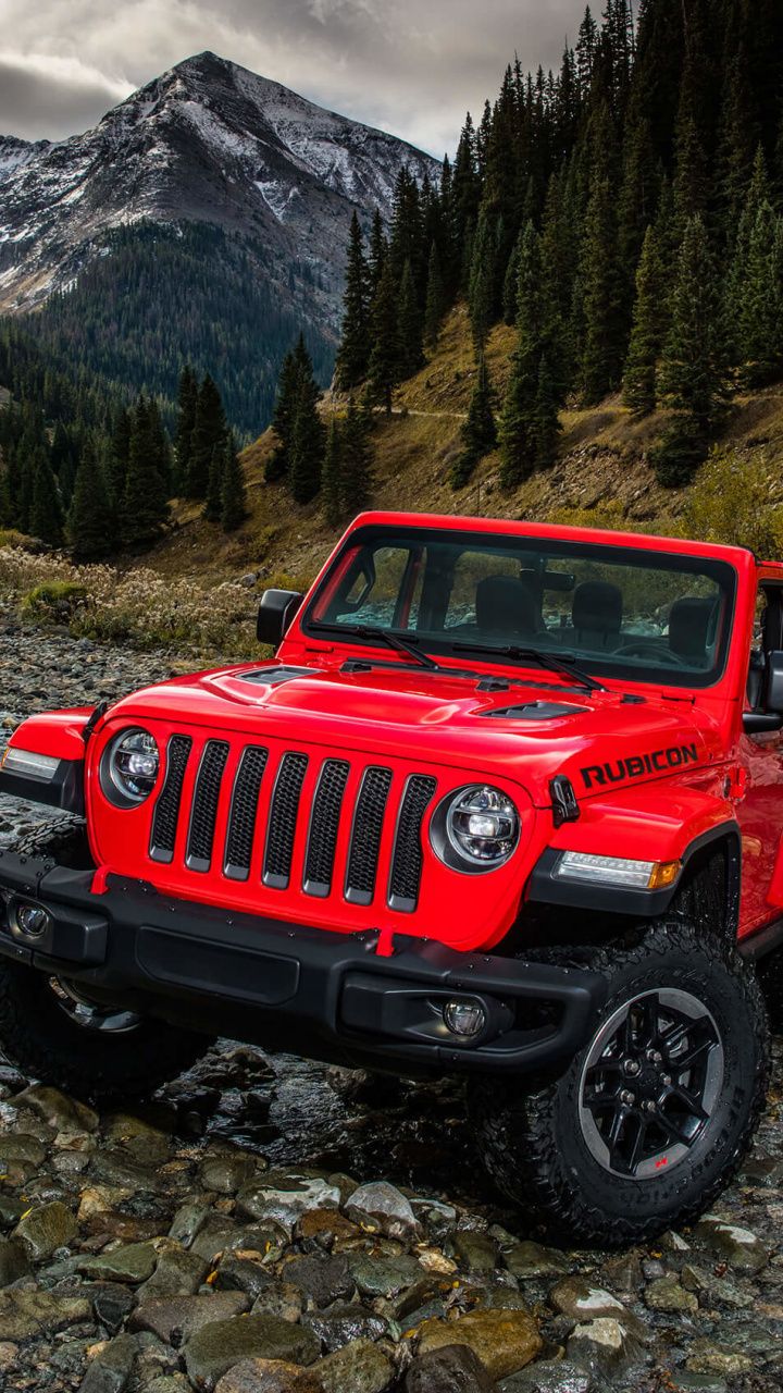 Red utility vehicle Jeep Wrangler outdoor 720x1280 wallpaper