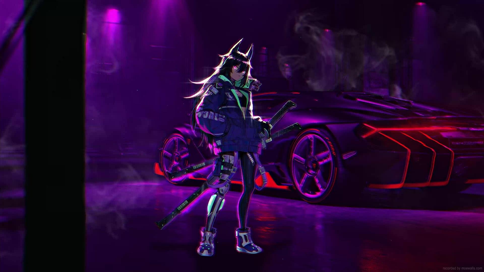 Samurai Anime Girl Neon Cyberpunk Car Live Wallpaper MoeWalls