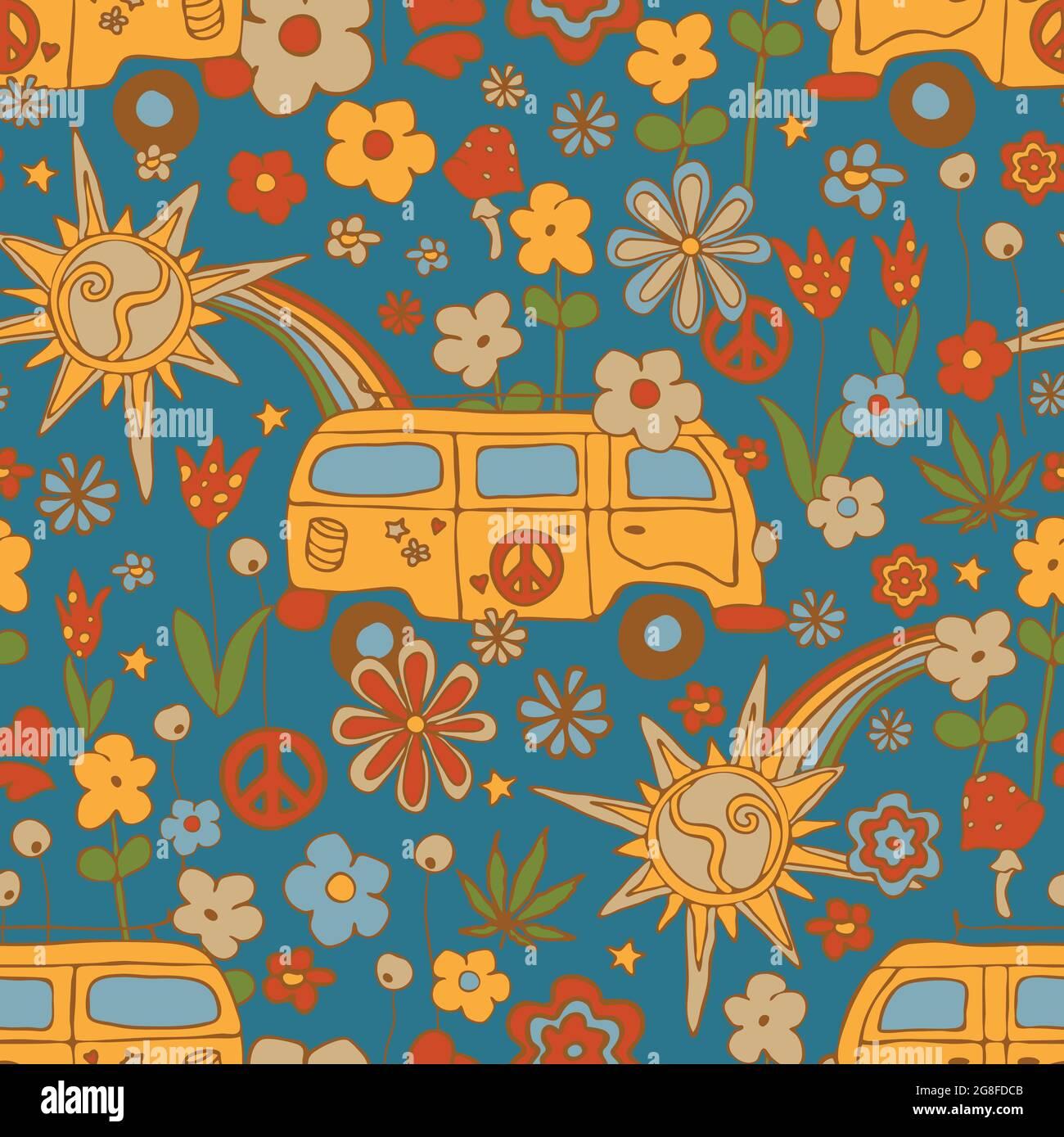 Seamless Vector Pattern With Retro Boho Van On Blue Background