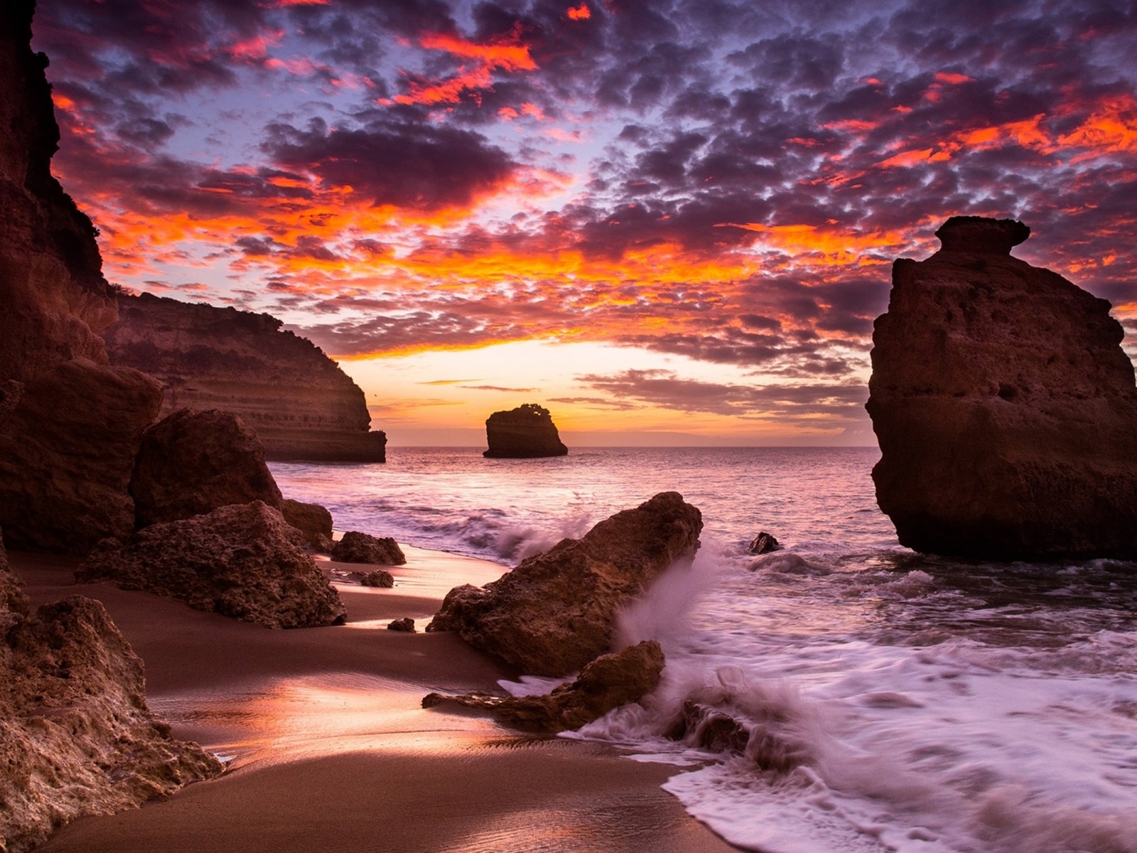 Sea Coast Rocks Red Clouds HD Wallpaper