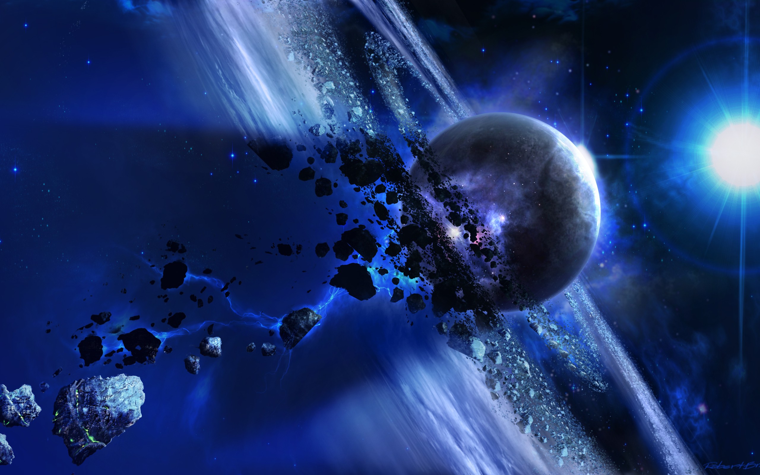 A dark, icy planet breaking apart, with debris and electrical discharges scattering against a backdrop of a bright blue star and a swirling nebula. Ideal for planet enthusiasts and space art lovers