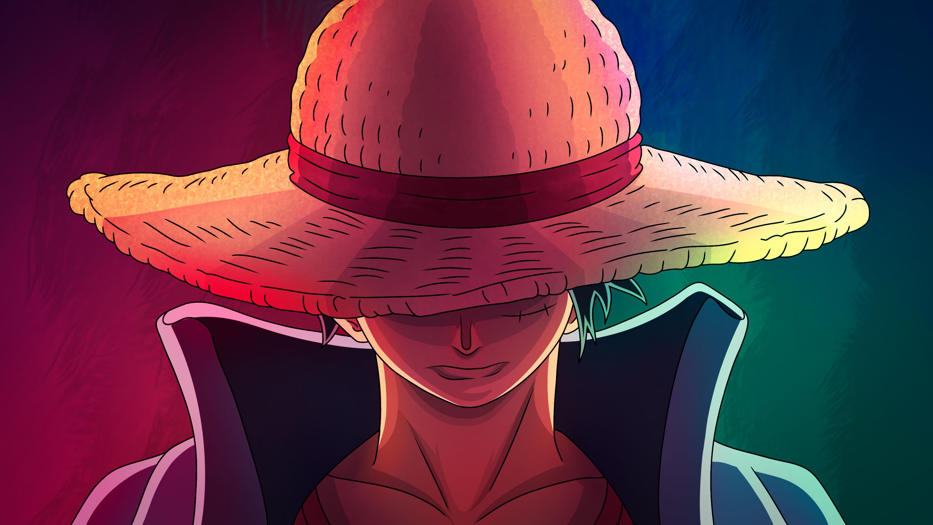 4K anime wallpaper featuring Monkey D. Luffy from One Piece, wearing his signature straw hat and a determined expression