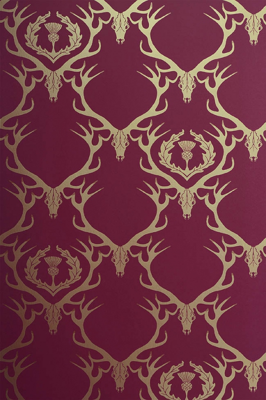 Deer Damask Wallpaper Deep Raspberry Red With Gold Stag Head