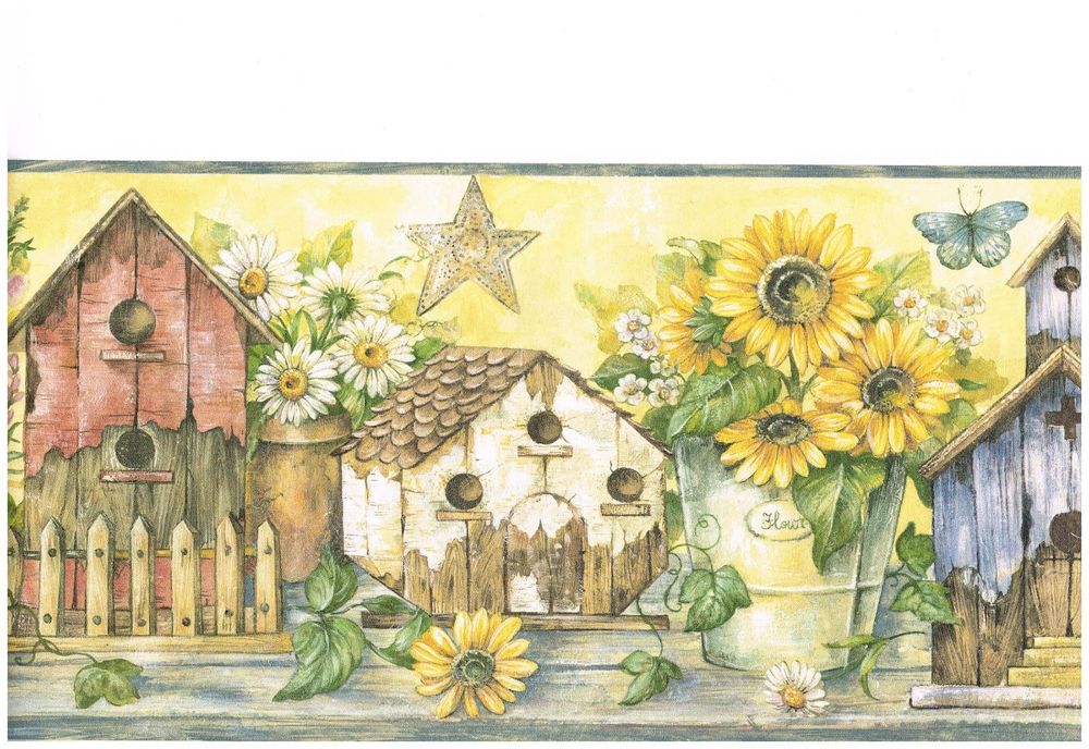 Country Birdhouses And Sunflowers Wallpaper Border
