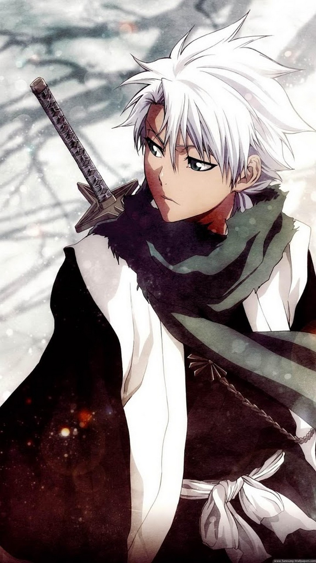 A cool anime wallpaper featuring a character with white hair, a sword, and a dark outfit