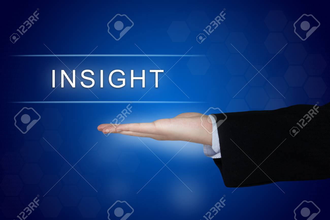 Insight Button With Business Hand On Blue Background Stock Photo