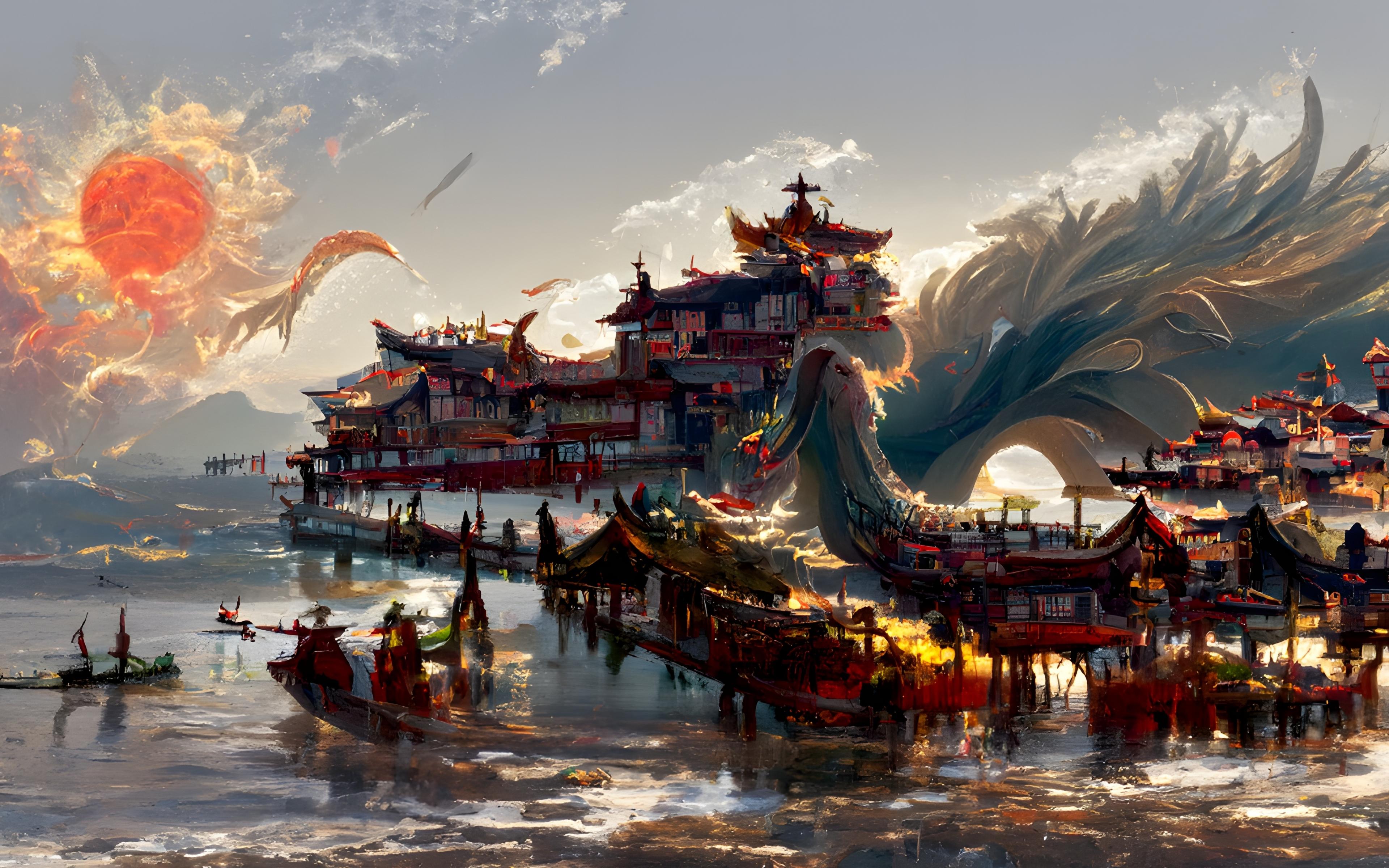 Wallpaper China S Ancient Town Dragon Fantasy