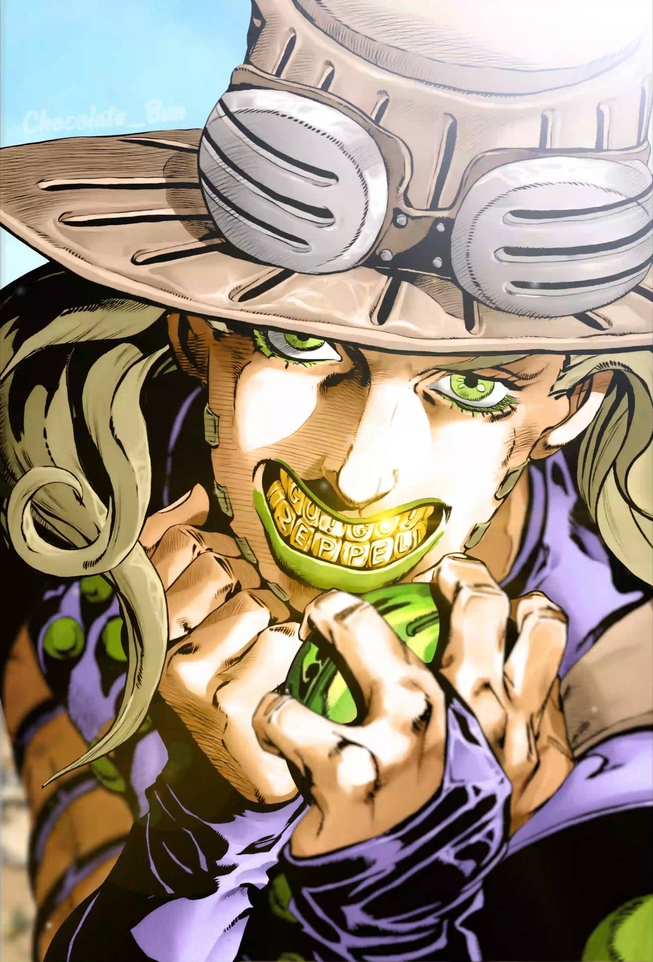 Close-up of Gyro Zeppeli from JoJo's Bizarre Adventure, grinning and holding a Steel Ball, with his distinctive hat and goggles