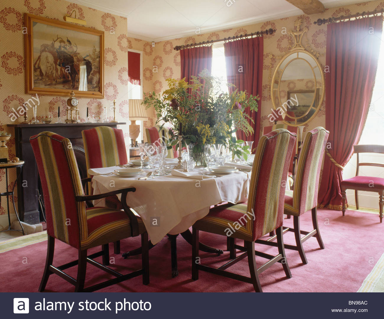 Patterned Wallpaper And Striped Upholstered Chairs In Traditional