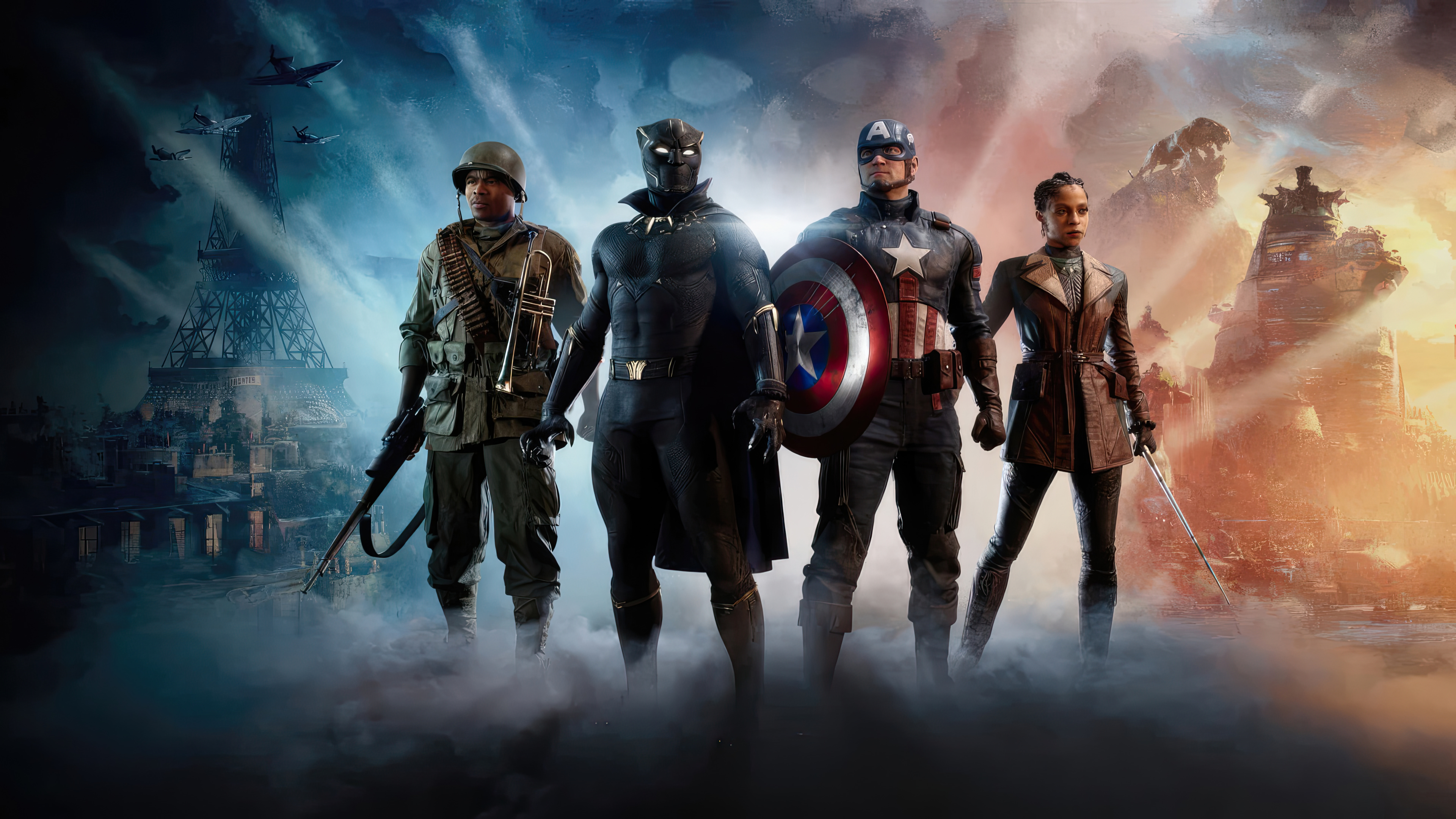 Four superheroes from a video game, including Captain America and Black Panther, stand against a backdrop of war-torn landscapes, including the Eiffel Tower and battleships