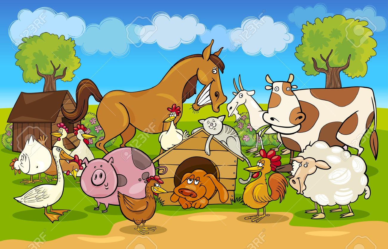Cartoon Illustration Of Rural Scene With Farm Animals Group