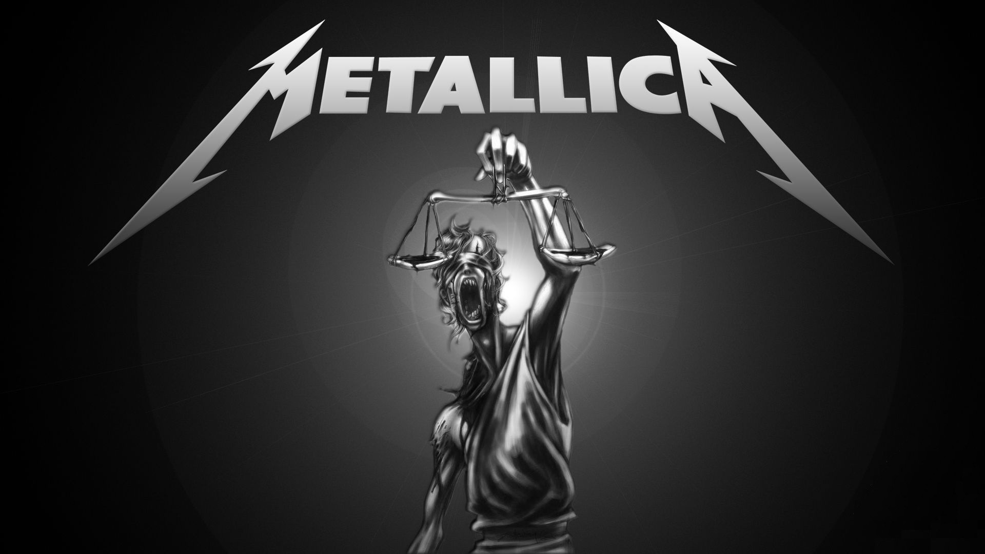 A monochromatic depiction of Lady Justice holding scales, set against the backdrop of the Metallica logo